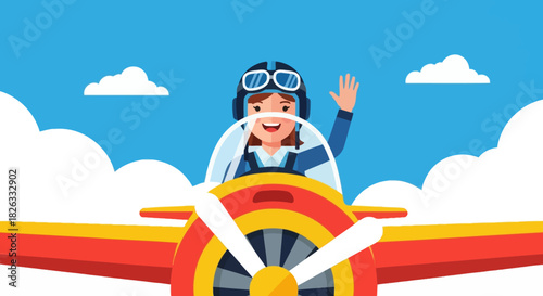 Happy female aviator in a vintage propeller plane waving from the cockpit against a blue sky with clouds.