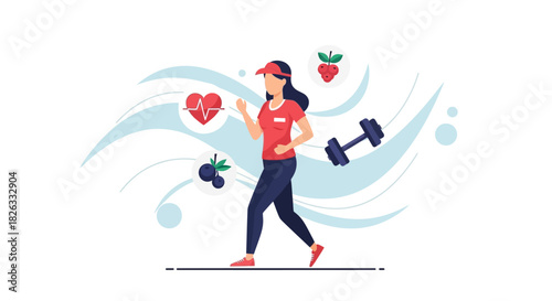 A woman walking for exercise, surrounded by health and fitness symbols like a heart rate, dumbbell, and healthy food.