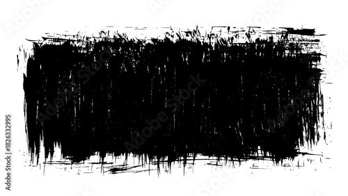 Black roller texture isolated on white background. Ink linocut. Black friday sale banner background. Grunge brush stroke. Hand-drawn artistic element with textured edges. Vector illustration, EPS 10.