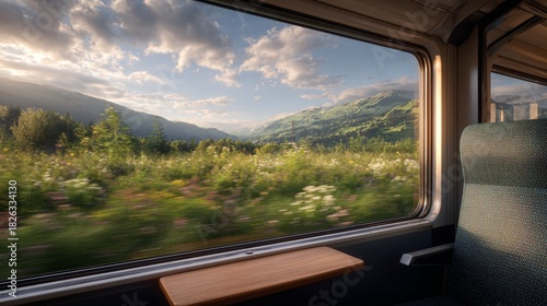 A train window reveals a vibrant landscape of mountains, wildflowers, and a clear sky, offering a serene travel view