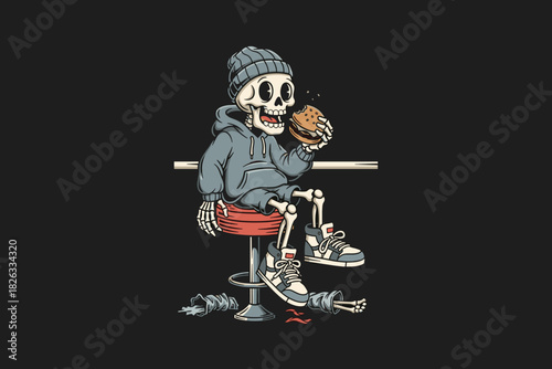 Skeleton wearing beanie and hoodie eating burger on stool.