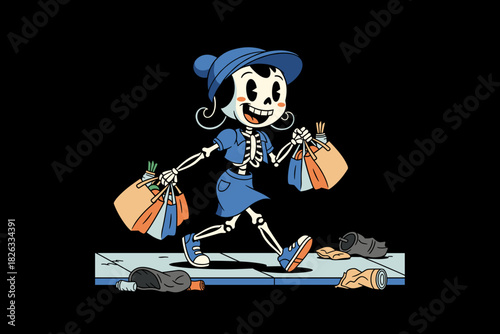 Skeleton girl with shopping bags walking happily.