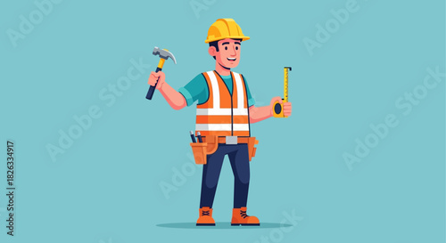 Cartoon construction worker in a hard hat and safety vest holding a hammer and tape measure.