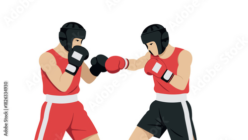 Boxing match illustration with two athletes in action wearing protective gear