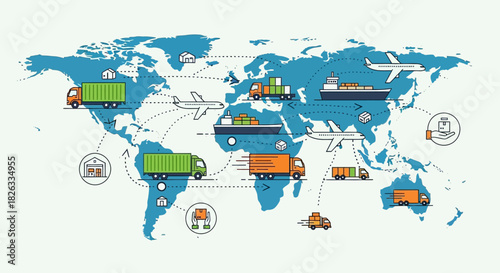 Global logistics and transportation network showcasing various modes of cargo delivery worldwide.
