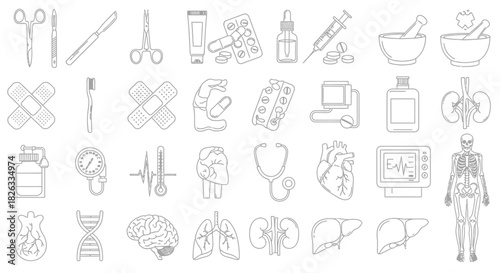 Medical icons: healthcare, medicine, and medical equipment line art.