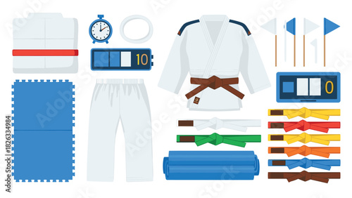 Martial arts equipment set with judo uniform, belts, and accessories for training design