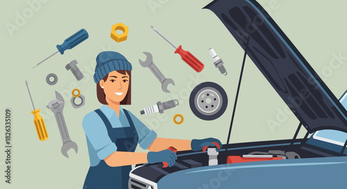 Female mechanic working on a car engine with tools floating around.