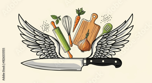 Culinary Angel - Kitchen Utensils with Wings and a Chefs Knife.
