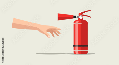 A hand reaching towards a red fire extinguisher, ready to put out a fire.