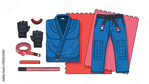 Martial arts equipment collection featuring uniform, gloves, and mats for training or gym decor