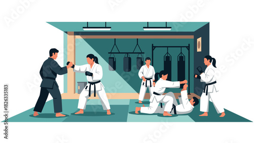 Martial arts training in a modern dojo with instructors and students practicing karate techniques