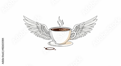 A whimsical drawing of a coffee cup with angel wings.