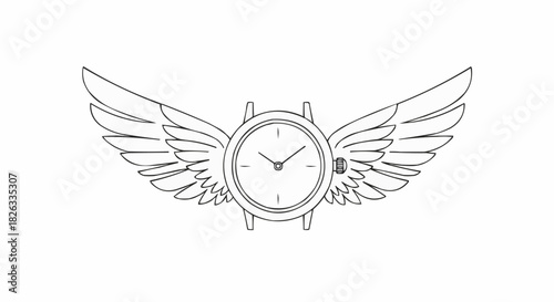 Time Flies Watch with Wings Line Art Illustration.