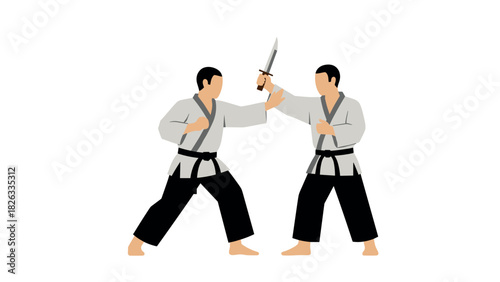 Martial arts training scene with two athletes sparring in traditional uniforms for self-defense design