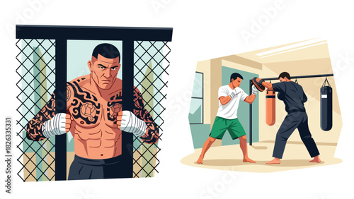 Mixed martial arts training and fighter illustration for fitness posters or gym decor