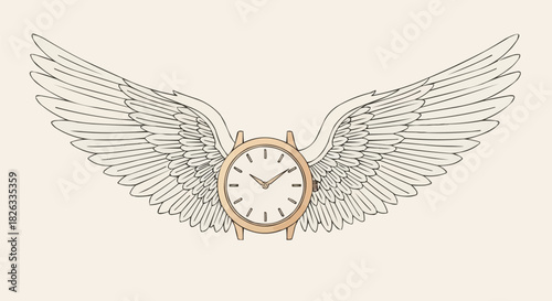 Conceptual illustration of a classic wristwatch with large feathered wings.
