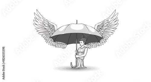 Guardian angel protects person with umbrella wings, safety concept.