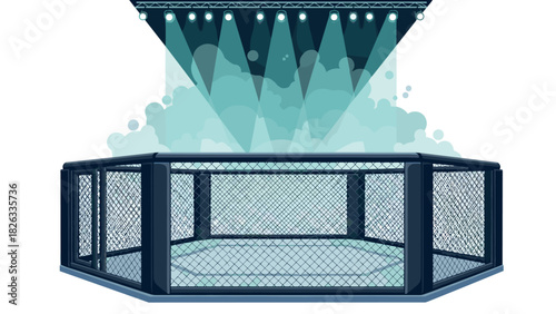 Octagonal arena with spotlights and fog for sports event design