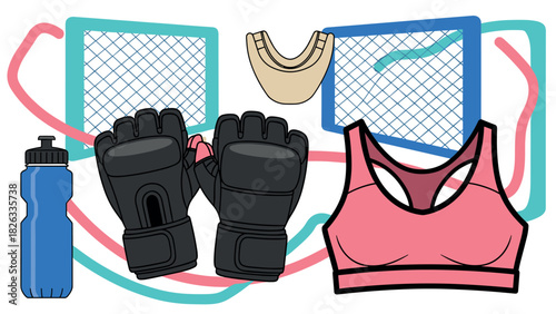 Sports gear collection: gloves, bra, bottle high-performance training and fitness essentials