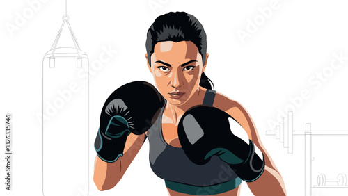 Female boxer in action pose with training equipment for fitness and workout design