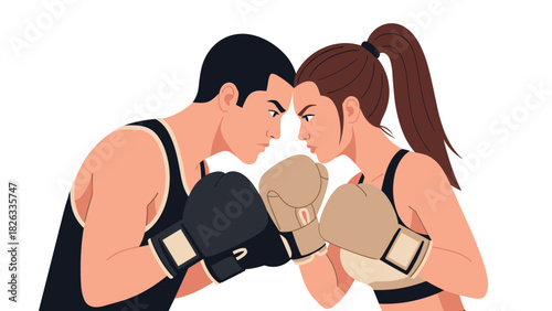 Intense boxing standoff between male and female fighters illustration for sports design