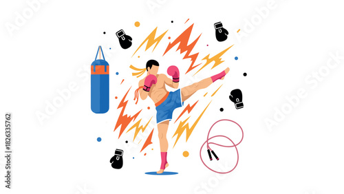 Dynamic boxing training illustration with punching bag and jump rope
