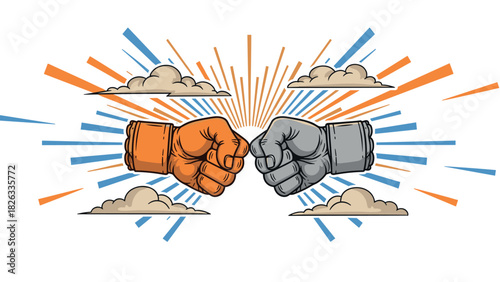 Unity and cooperation concept with fist bump gesture against radiant background