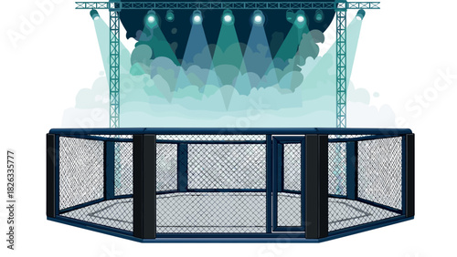 Mixed martial arts cage arena with spotlight effects for sports event promotions and illustrations
