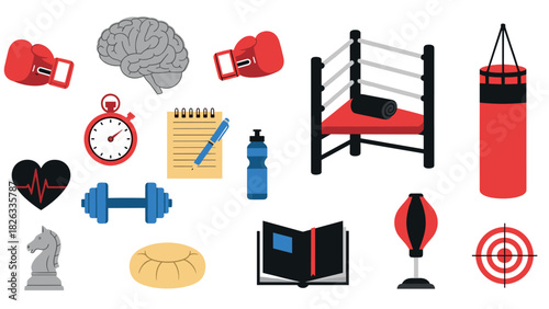 Boxing and fitness collection with gym equipment and healthy lifestyle elements for sports design