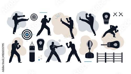 Martial arts and boxing techniques silhouettes for training design and decoration