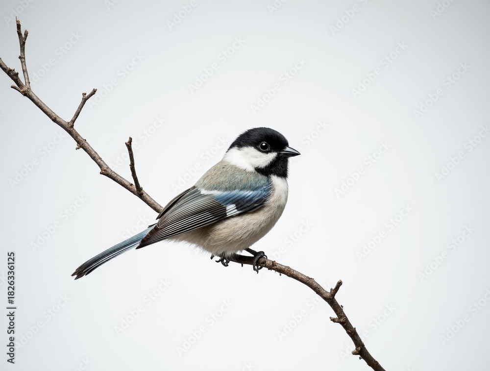 Fototapeta premium Bird on Branch: A striking, petite bird, boasting a sleek, contrasting plumage, perches serenely on a slender, textured branch against a muted backdrop, portraying tranquility.