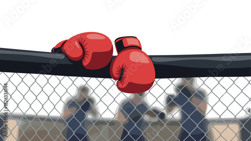 Red boxing gloves hanging on cage with focused fighters in background for sports event promotion