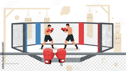 Mixed martial arts illustration with fighters in an octagon ring for sports poster or martial arts promotion