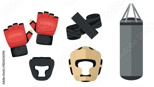 Boxing equipment set featuring punching bag, protective gear, and gloves for training and fitness