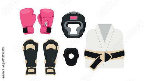 Martial arts equipment set with boxing gloves, headgear, and gi for training and protection