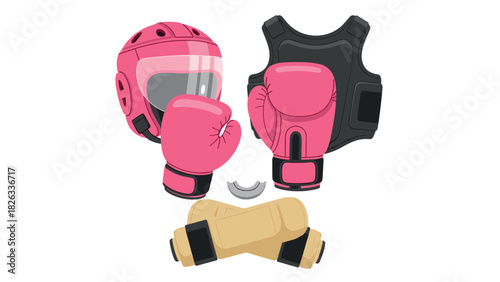Boxing equipment set with gloves, helmet, protective gear for safety and training design