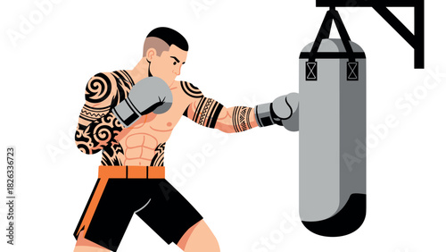 Athletic boxer training with punching bag - dynamic fitness concept for sports design