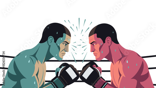 Intense boxing match between two opponents face to face in a boxing ring