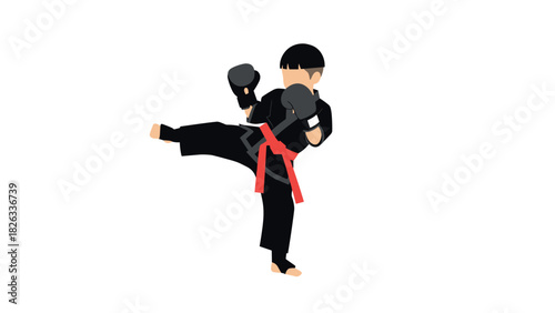 Karate martial arts fighter in black uniform kicking with red belt for sports poster design
