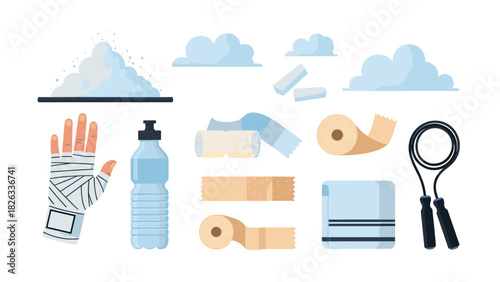 Fitness and sports equipment concept with gloves, water bottle, bandages, towel, jump rope, and chalk for gym training