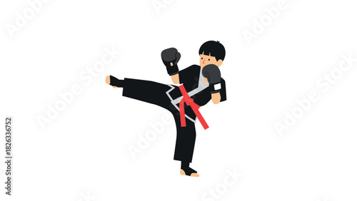 Karate kid performing high kick in martial arts uniform for training and discipline themes