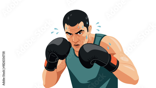 Boxing training illustration - focused male athlete in fighting stance for sports design, print, card, poster