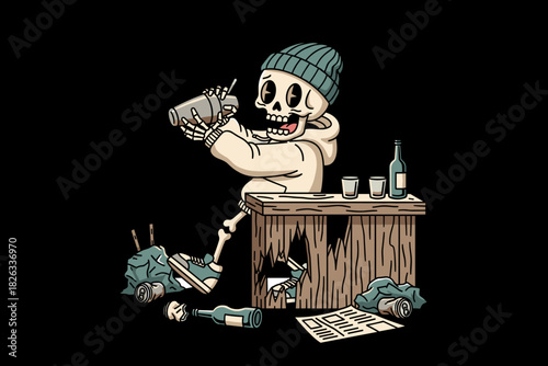 Skeleton bartender making a drink at a bar.