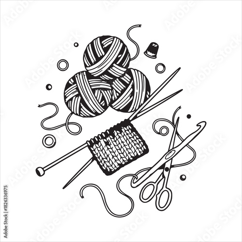 Yarn balls, knitting needles, crochet hook, thimble, scissors Art & Illustration