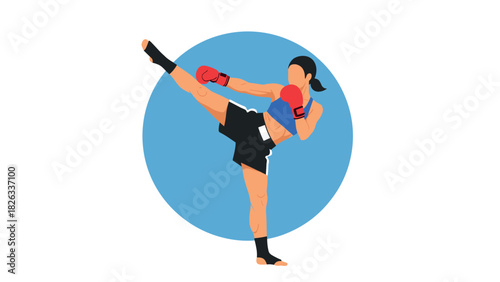 Female kickboxer in action with high kick in blue circle background - ideal for fitness posters and sports design