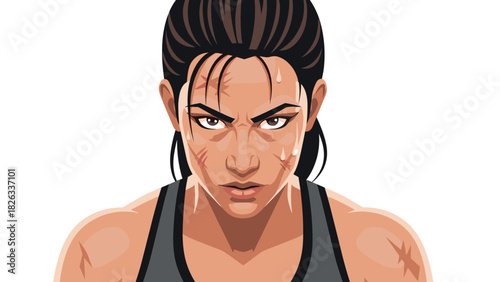 Determined female warrior with fierce expression and battle scars in athletic wear for fitness motivation design