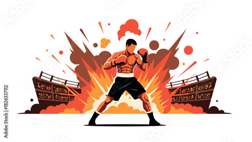 Explosive boxer training in front of fiery stadium for dynamic sports design