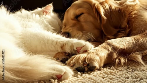 Golden retriever and fluffy white cat cuddling on a sunny carpeted floor
