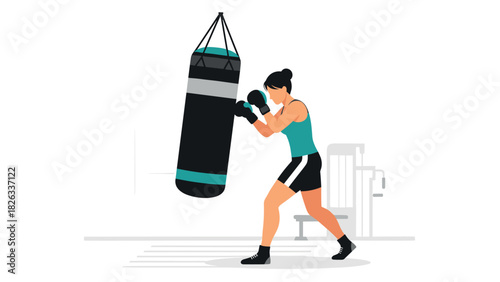 Female boxer training with punching bag in gym - fitness and exercise illustration